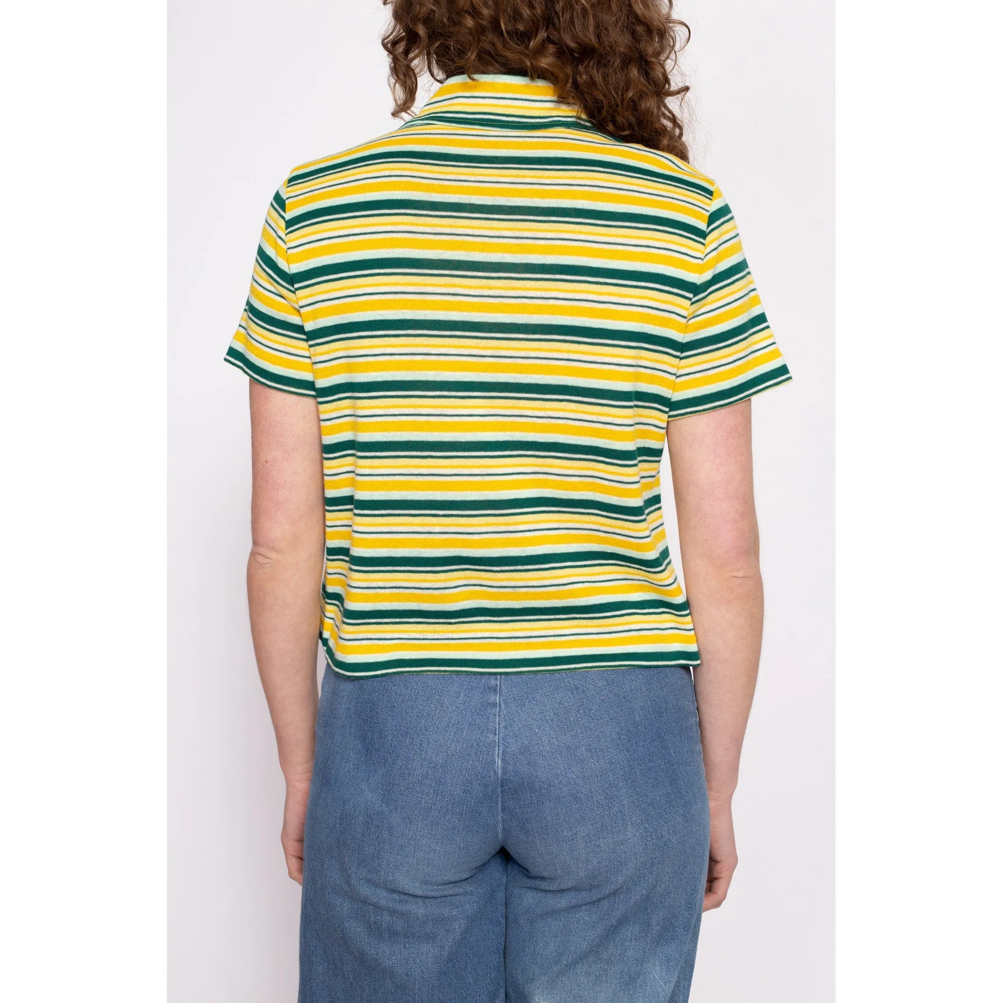 70s Yellow & Green Striped Cropped Polo Shirt - Large