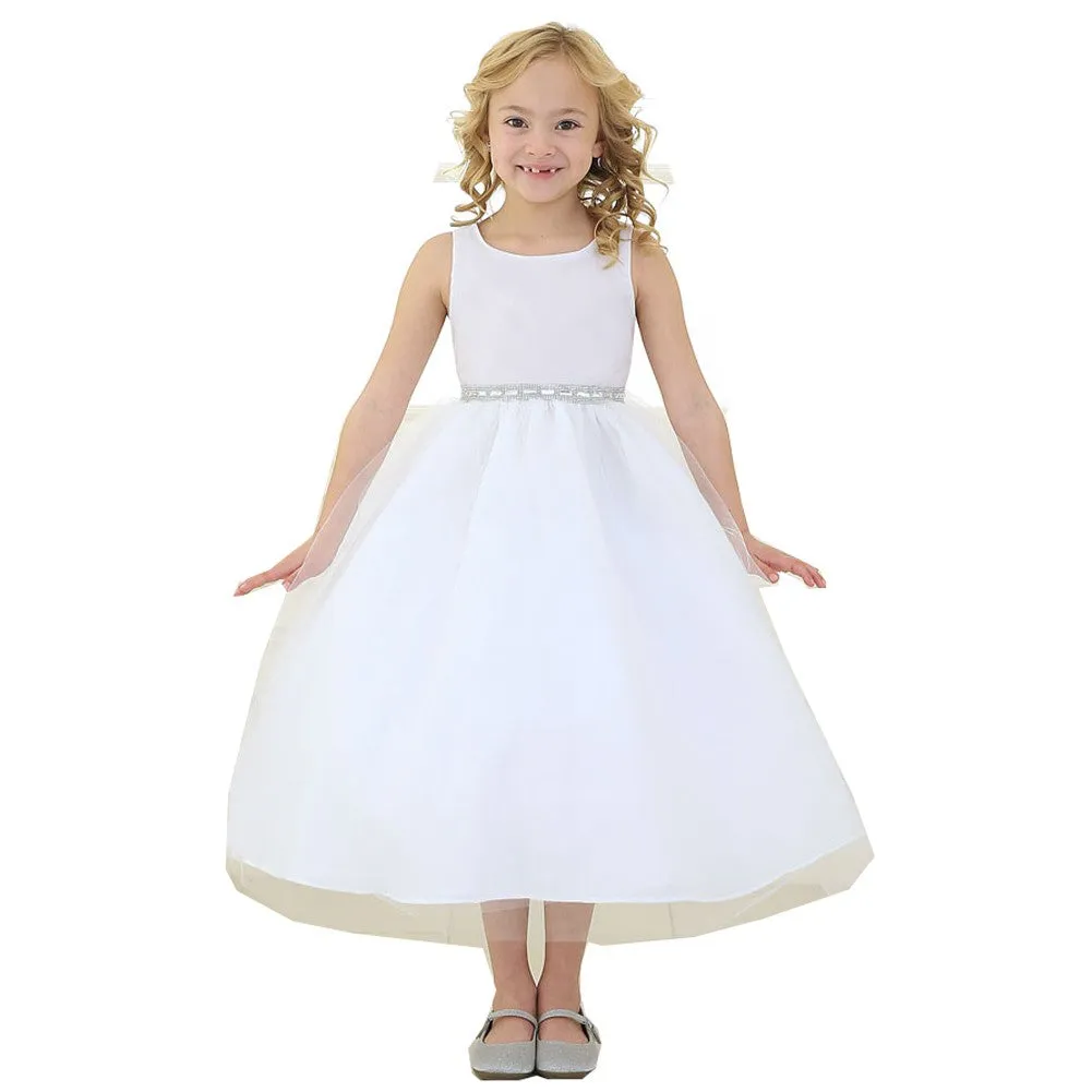 Big Girls White Rhinestone Tulle Junior Bridesmaid Dress 8-12