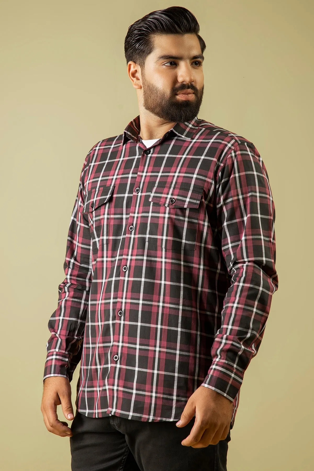 Black & Maroon Checkered Shirt (Plus Size) - W23 - MS0078P