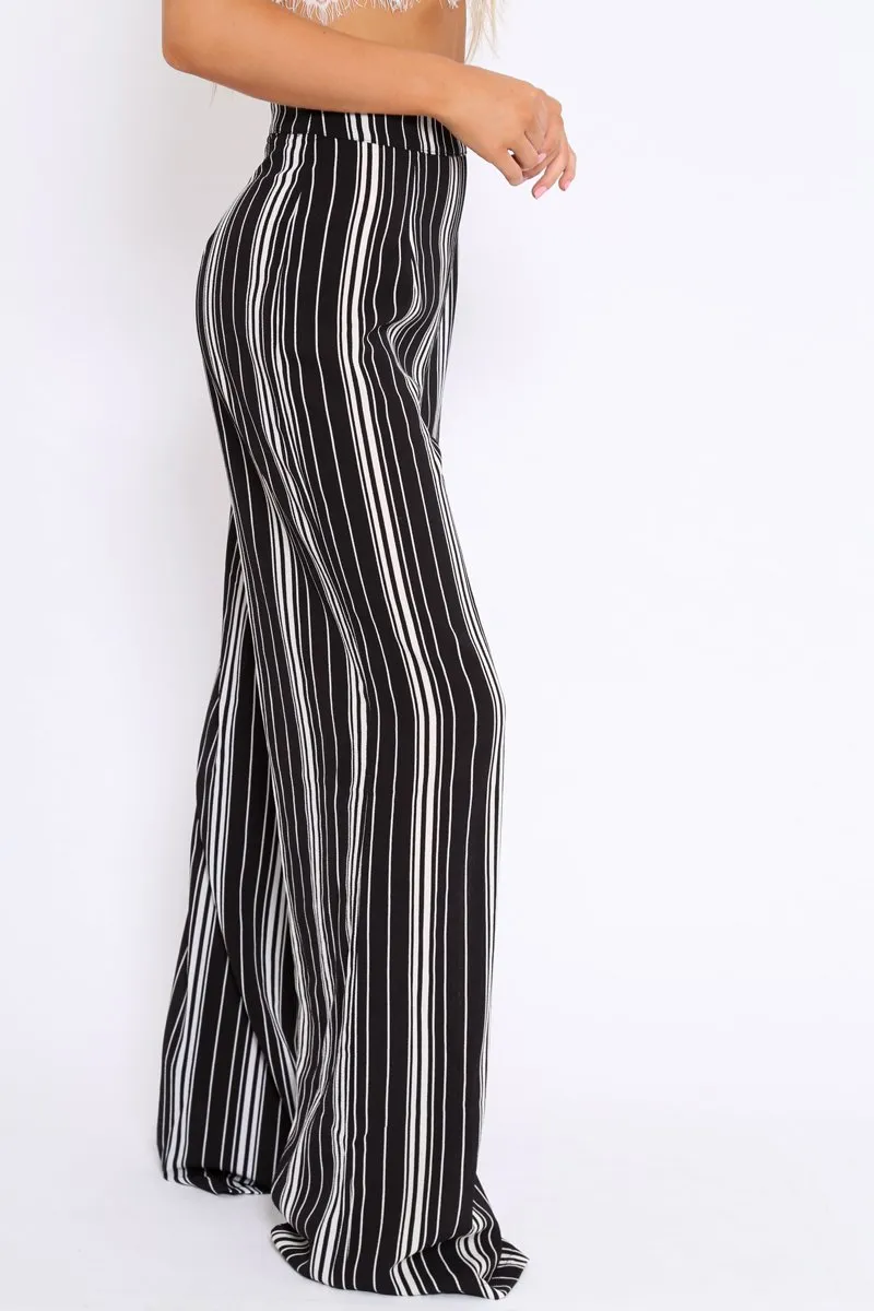 Black and White Stripe Wide Leg Trousers - Krisha