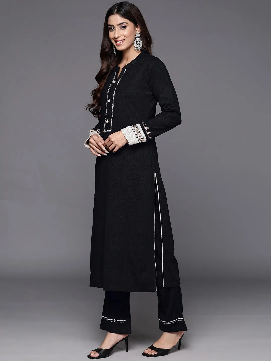 Black Yoke Design Wool Blend Straight Suit With Dupatta