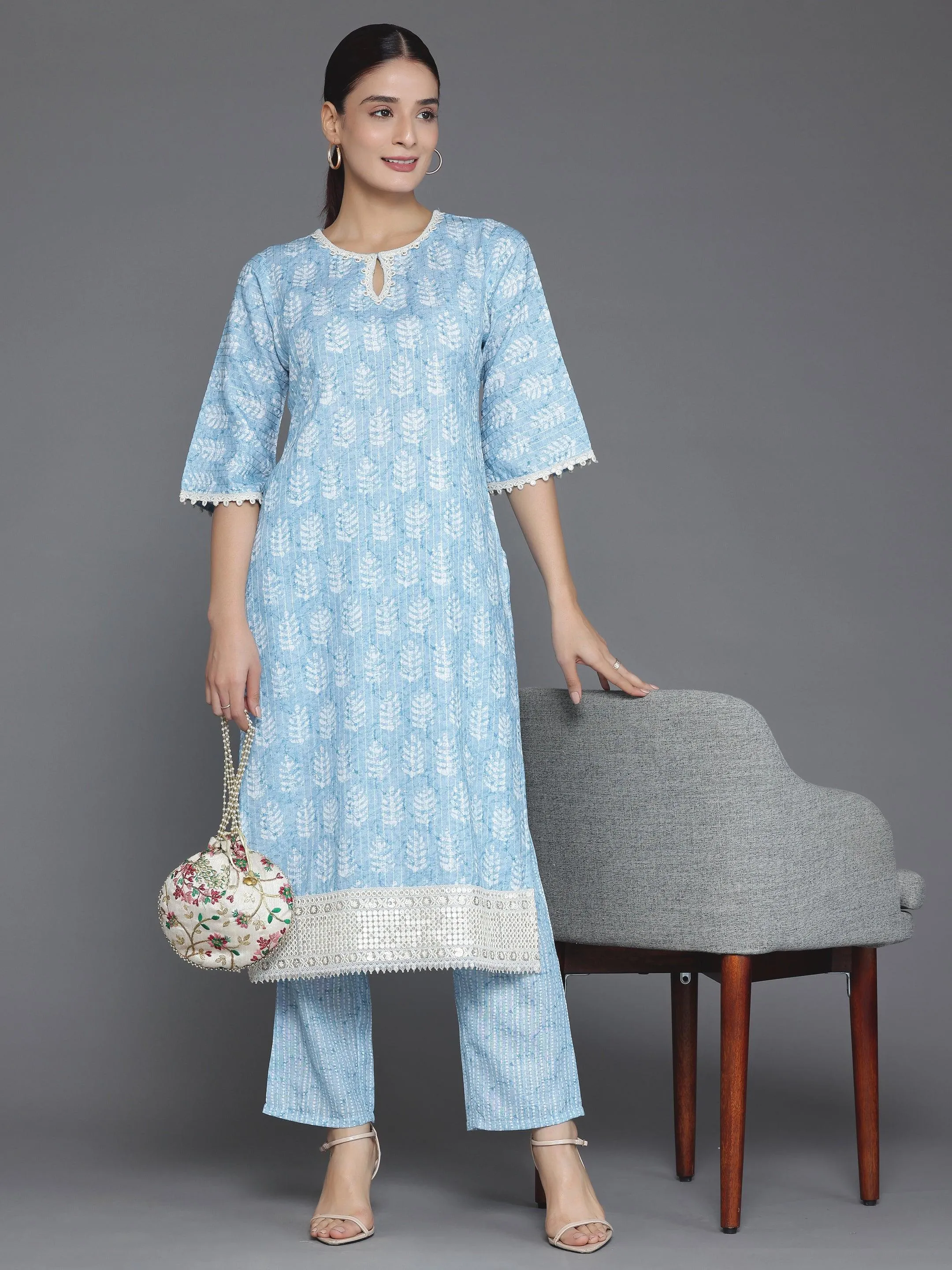 Blue Printed Cotton Straight Kurta Set