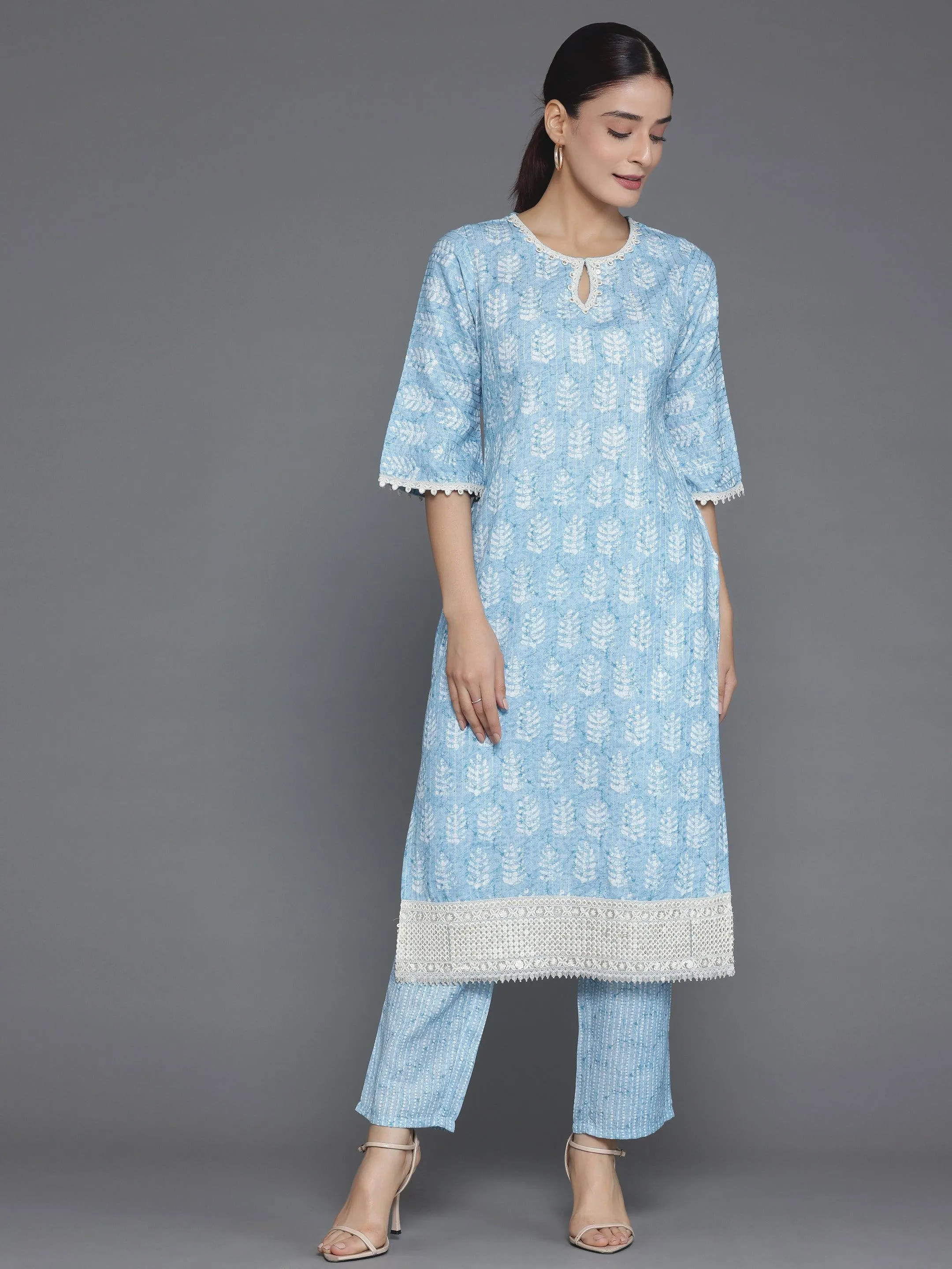 Blue Printed Cotton Straight Kurta Set