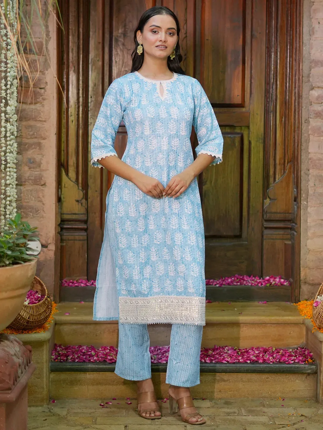 Blue Printed Cotton Straight Kurta Set