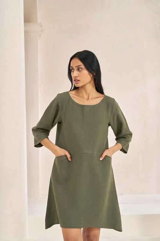 Boat Neck A-line Dress Crocodile Green