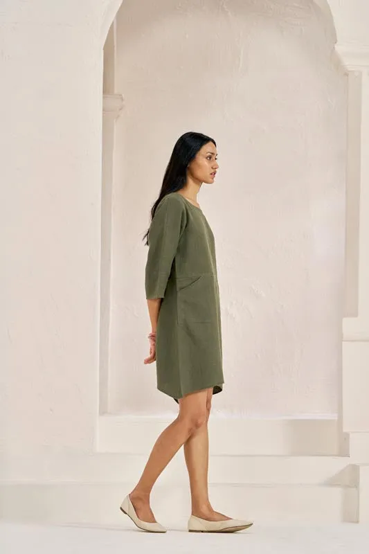 Boat Neck A-line Dress Crocodile Green