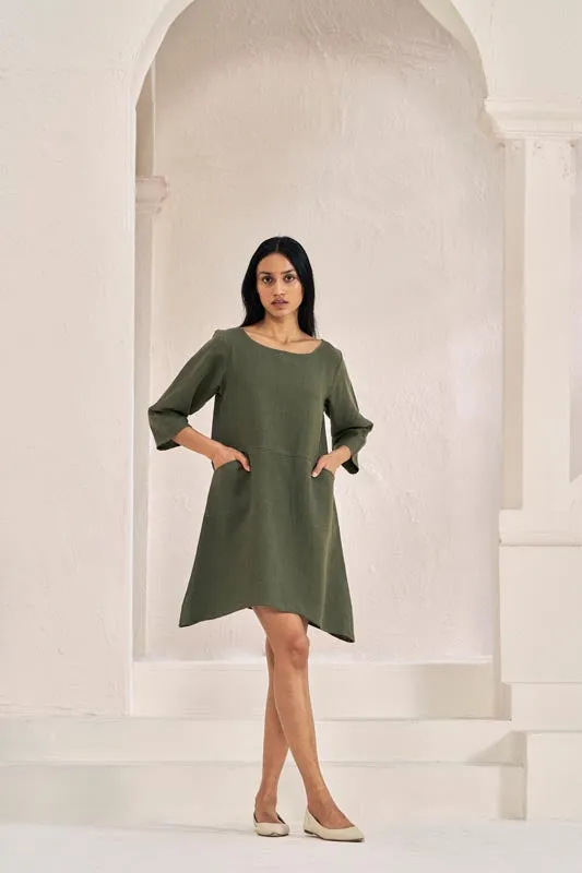 Boat Neck A-line Dress Crocodile Green