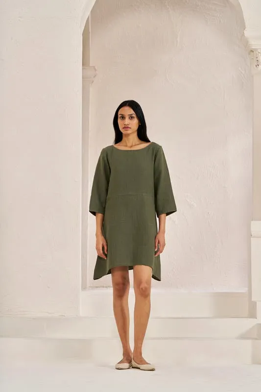 Boat Neck A-line Dress Crocodile Green