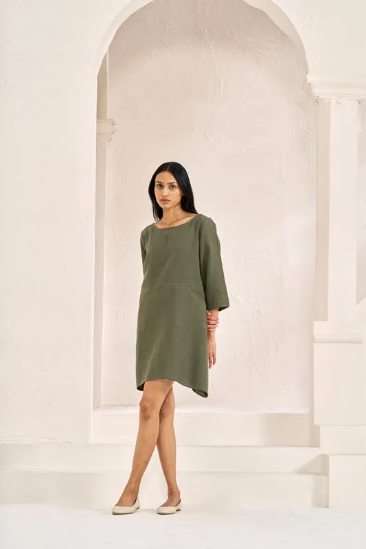 Boat Neck A-line Dress Crocodile Green