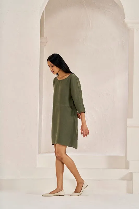 Boat Neck A-line Dress Crocodile Green