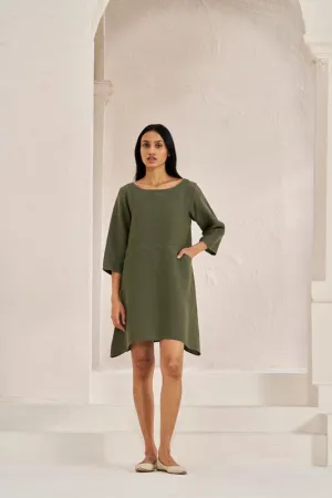 Boat Neck A-line Dress Crocodile Green