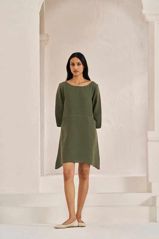 Boat Neck A-line Dress Crocodile Green