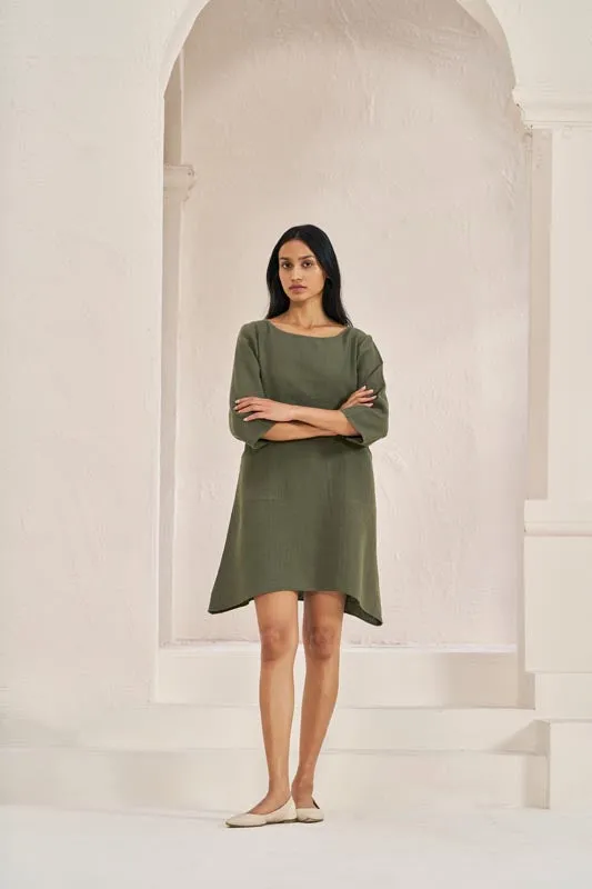 Boat Neck A-line Dress Crocodile Green