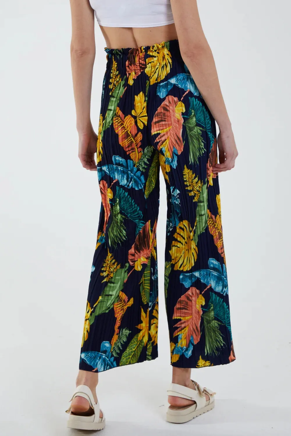 Bright Multicoloured Tropical Print Cropped Pleated Wide Leg Trousers