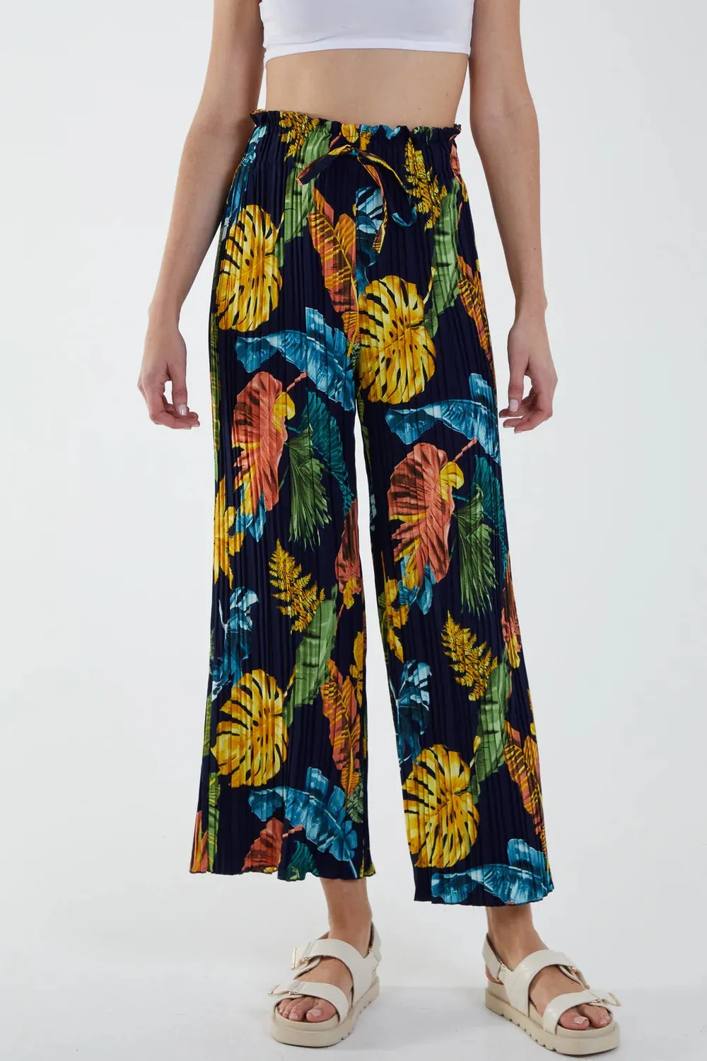 Bright Multicoloured Tropical Print Cropped Pleated Wide Leg Trousers