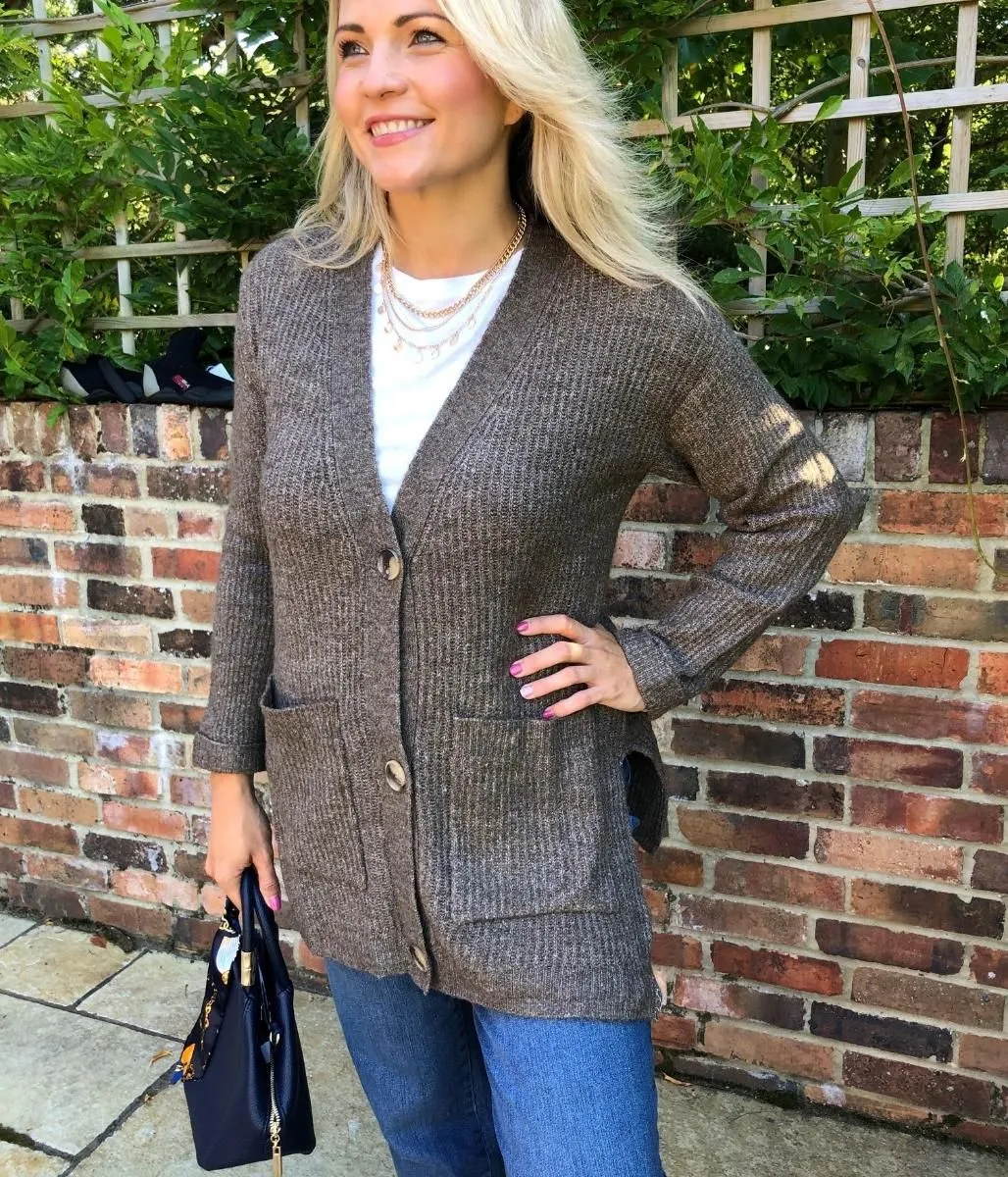 Brown Ribbed Pocket Cardigan