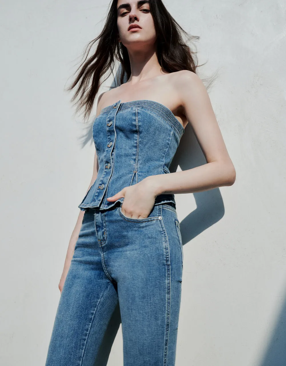 Button Up Denim Tube Top