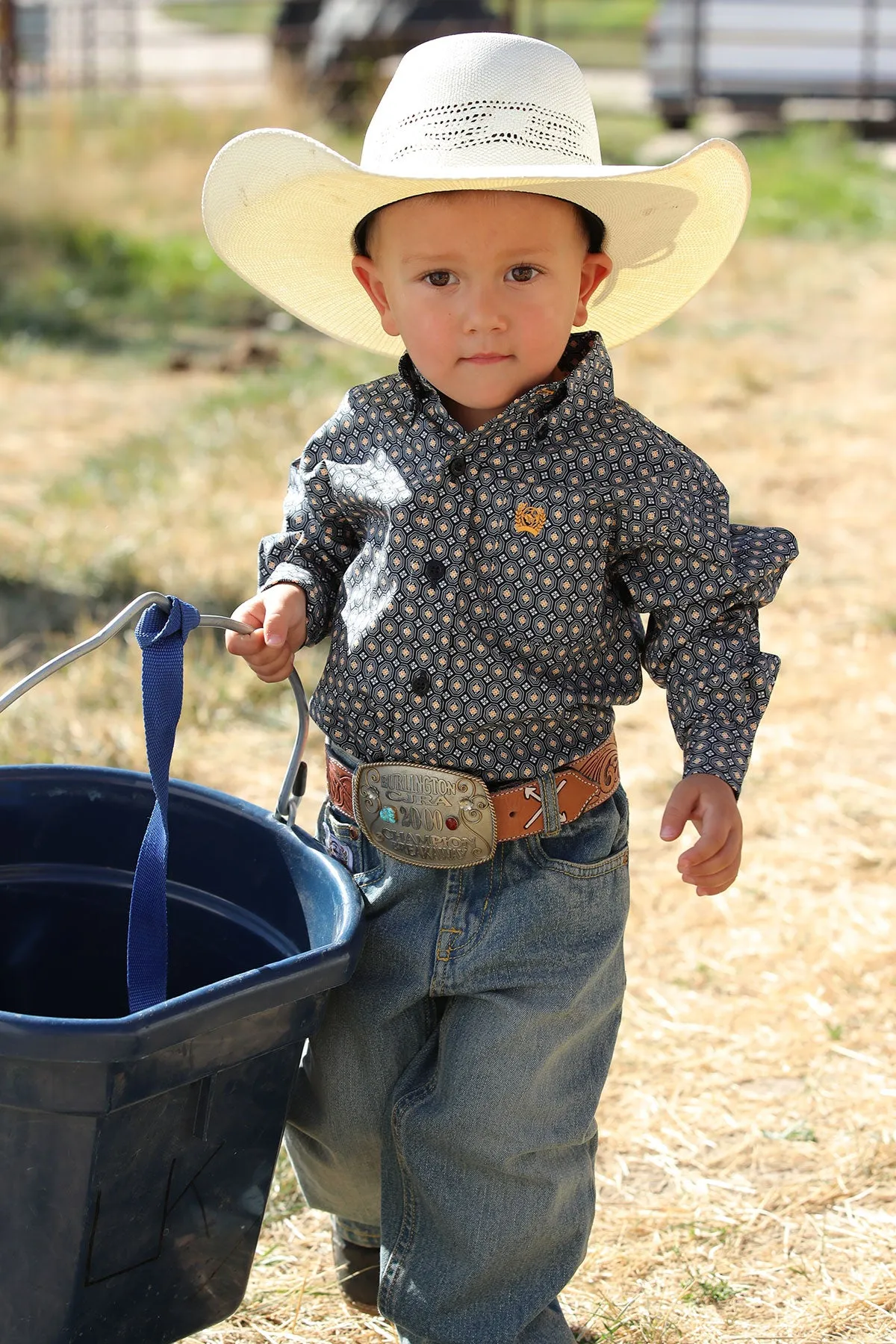 Cinch Boy's Match Dad Navy and Gold Medallion Button Down Western Shirt