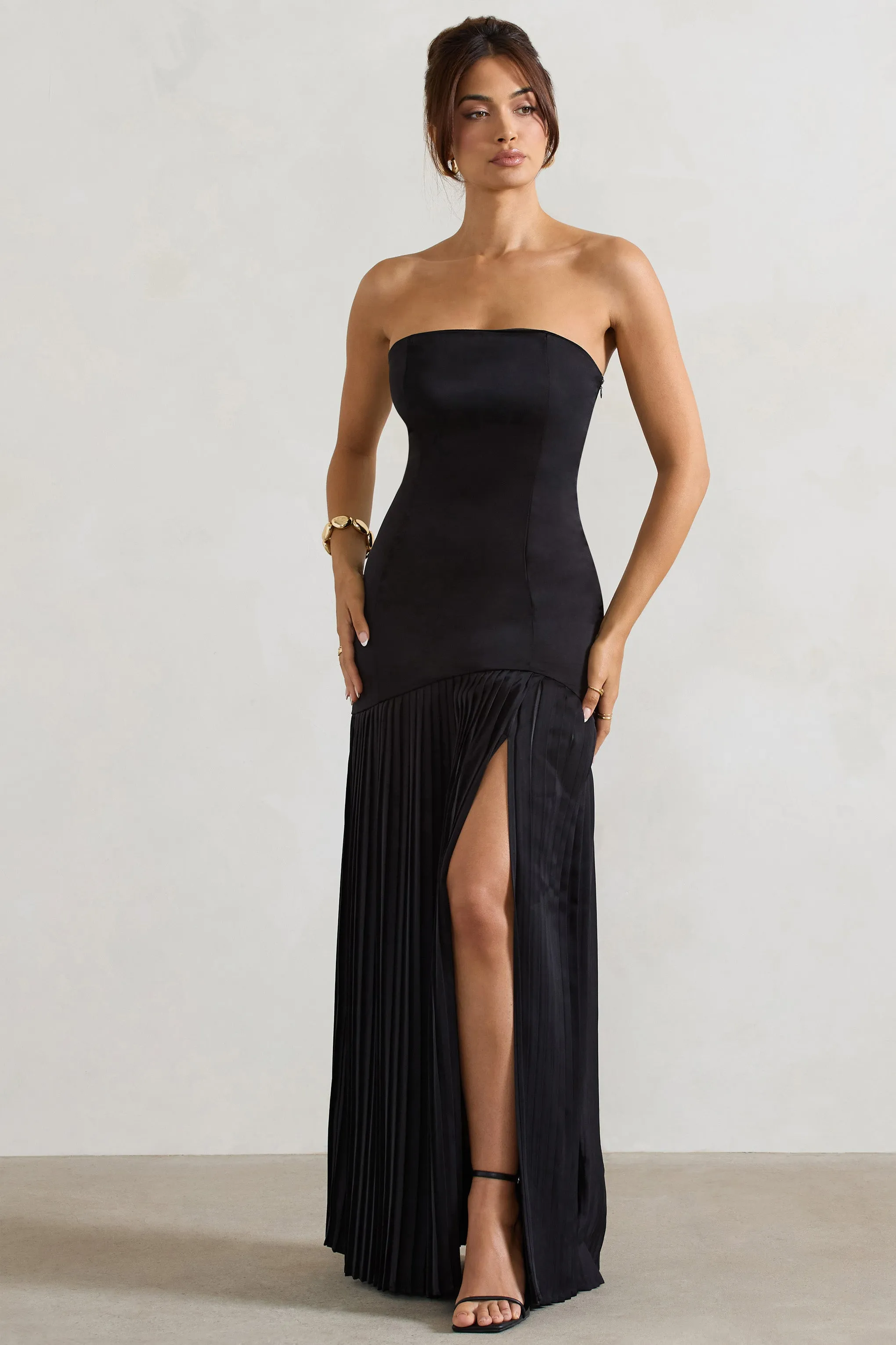 Confidence | Black Satin Bandeau Pleated Split Maxi Dress