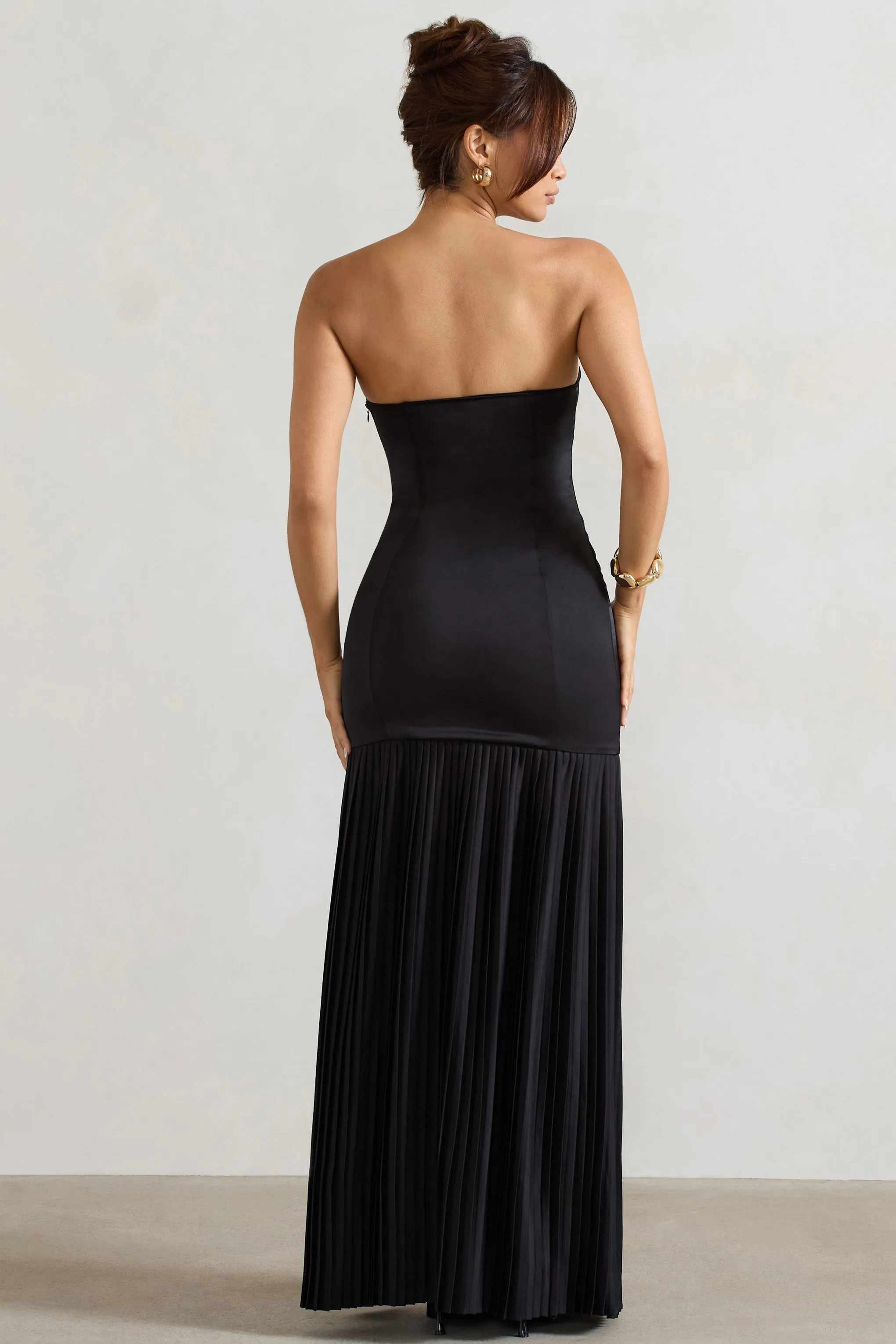 Confidence | Black Satin Bandeau Pleated Split Maxi Dress