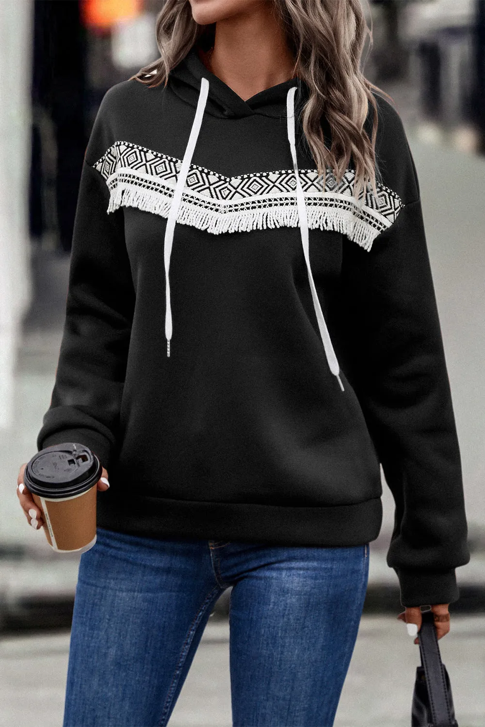 Contrast Fringe Detail Dropped Shoulder Hoodie