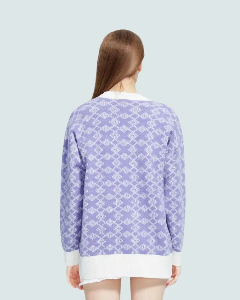 Cross Pattern Buttoned Purple Cardigan