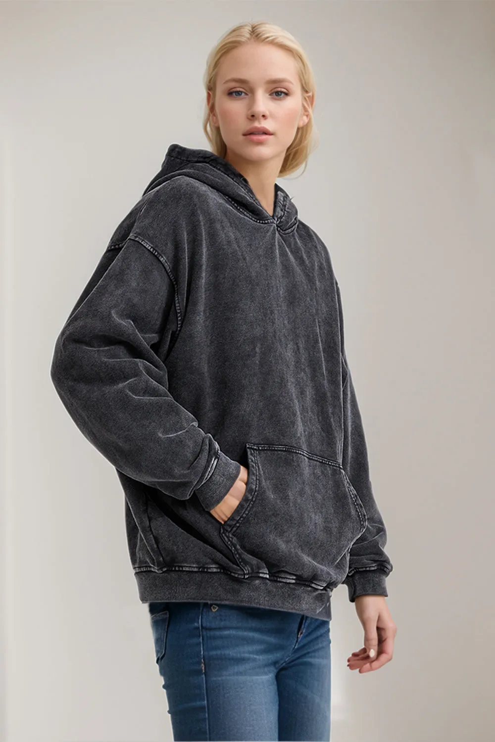 Drop Shoulder Long Sleeve Hoodie with Kangaroo Pocket