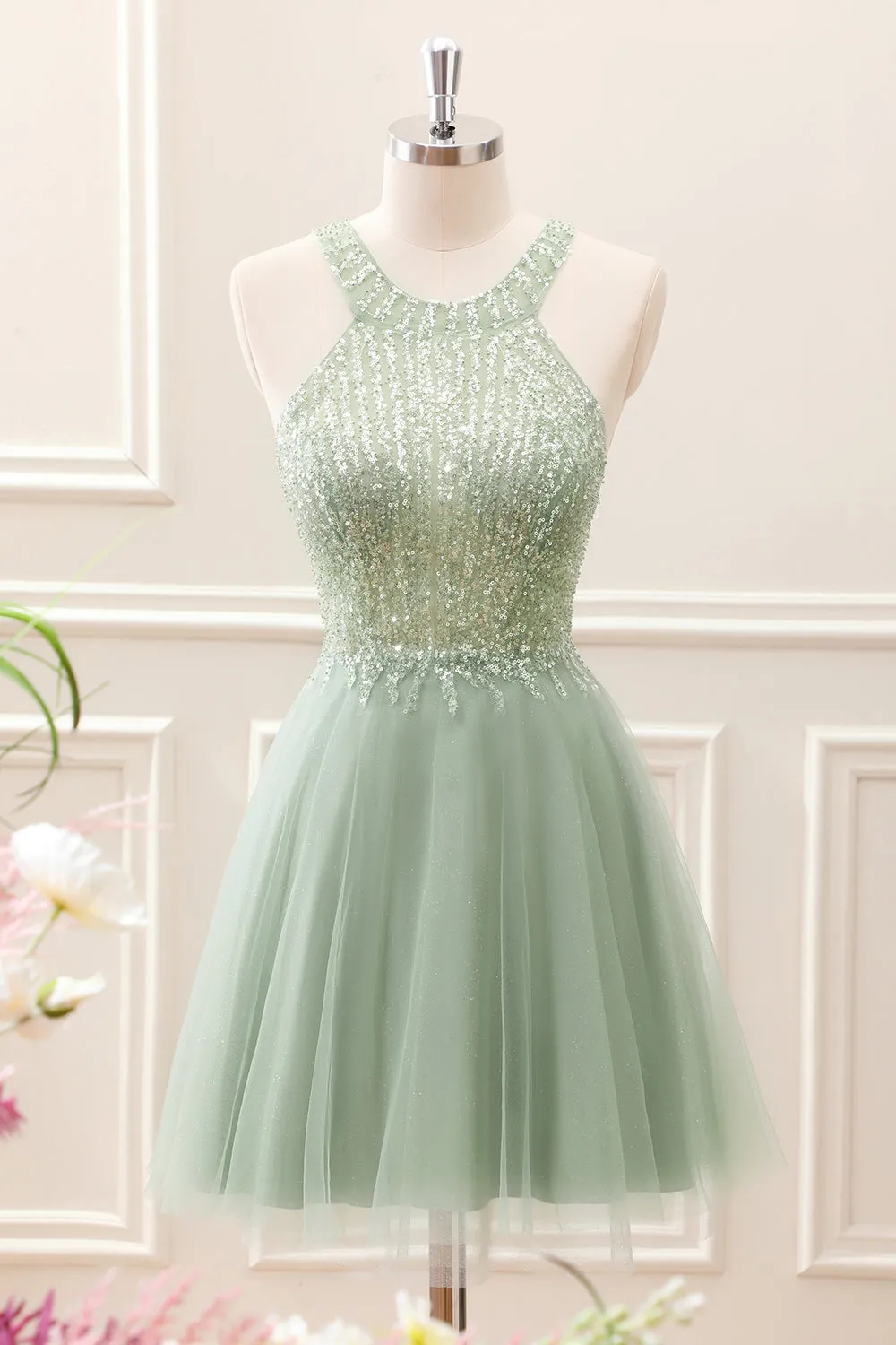 Dusty Green Halter Sequins A Line Mini Dress