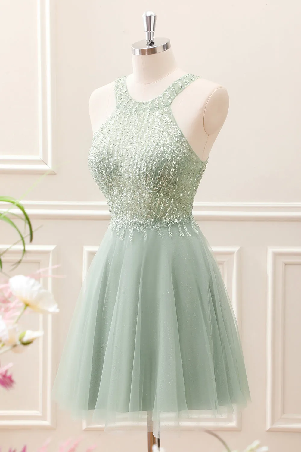 Dusty Green Halter Sequins A Line Mini Dress