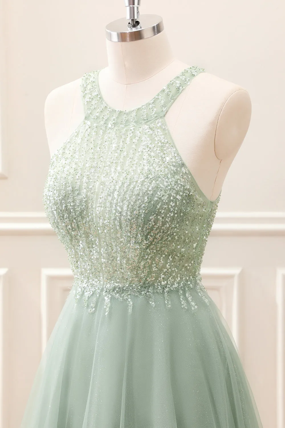 Dusty Green Halter Sequins A Line Mini Dress