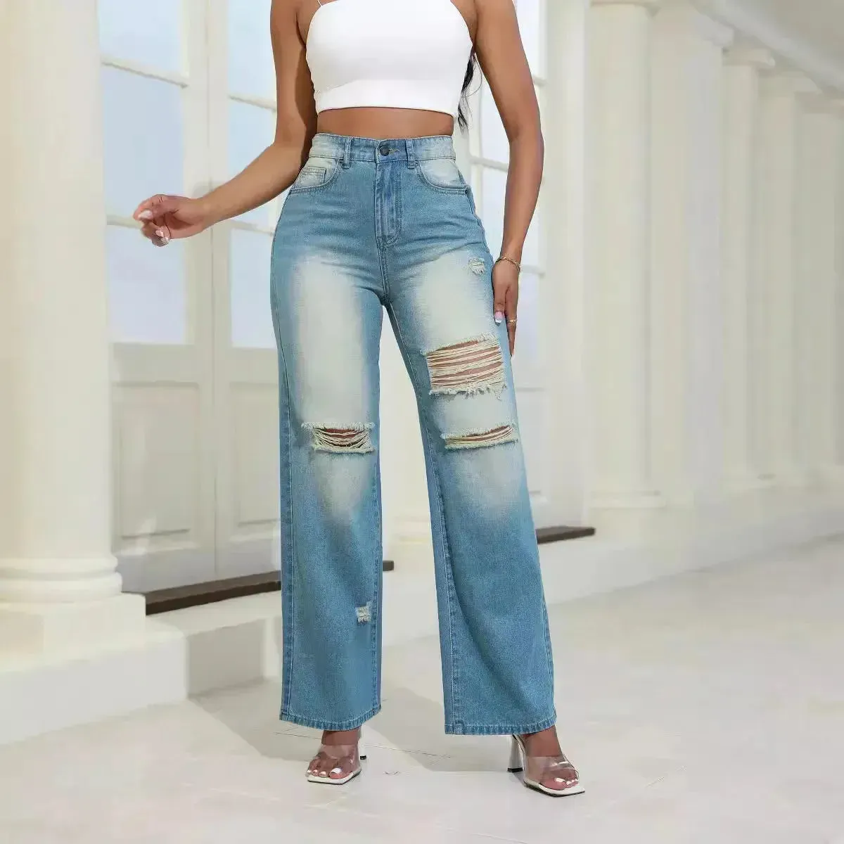 Fashion High Waist Ripped Jeans pants With Pockets Comfortable Slim Fit  Denim Trousers Straight Wide-leg jeans Pants