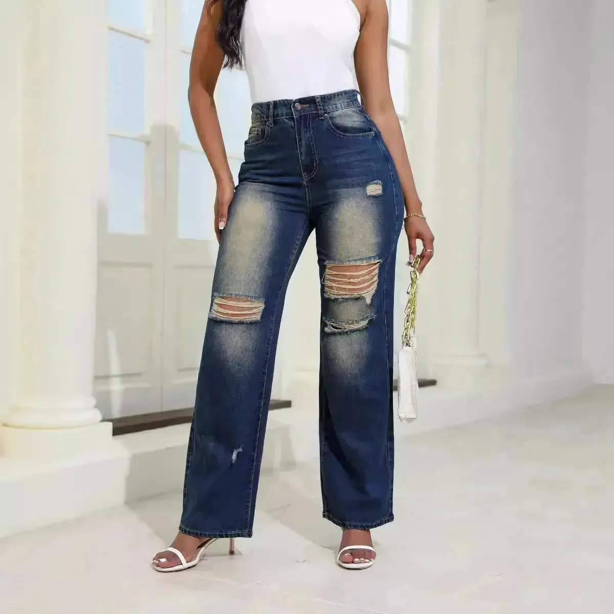 Fashion High Waist Ripped Jeans pants With Pockets Comfortable Slim Fit  Denim Trousers Straight Wide-leg jeans Pants