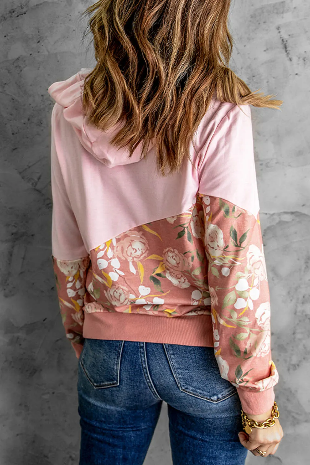 Floral Color Block Cowl Neck Hoodie