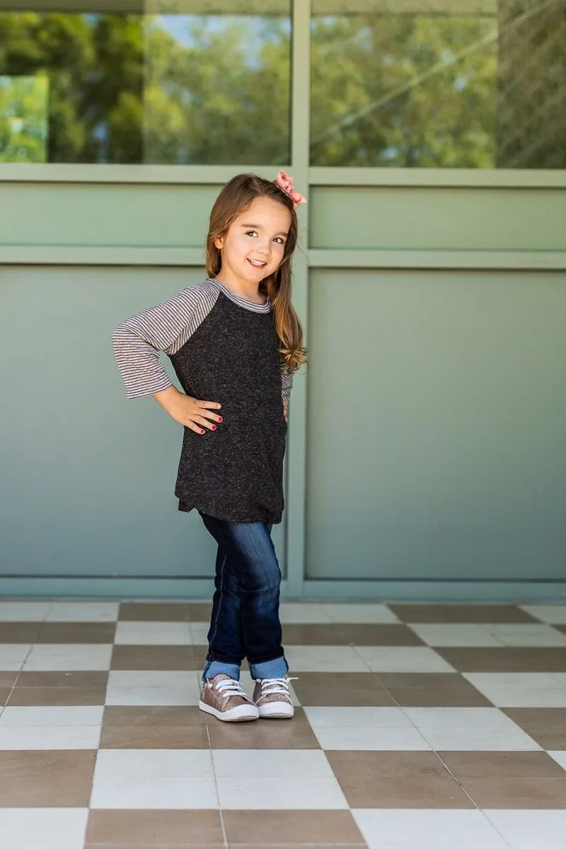 Girls' Blank Short Sleeve: Charcoal Body with Grey & Black Striped Sleeve