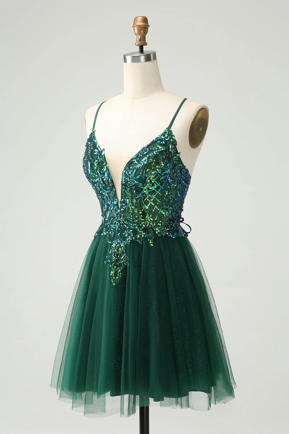 Glitter Dark Green A-Line Sequined Appliques V Neck Mini Dress