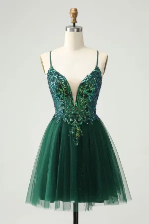 Glitter Dark Green A-Line Sequined Appliques V Neck Mini Dress