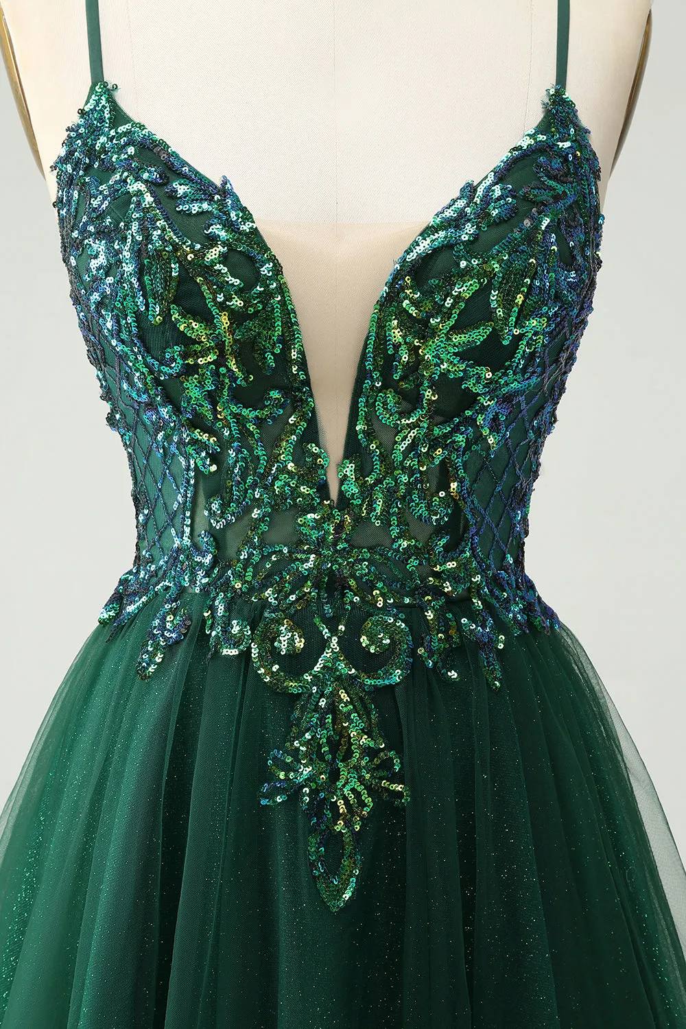 Glitter Dark Green A-Line Sequined Appliques V Neck Mini Dress