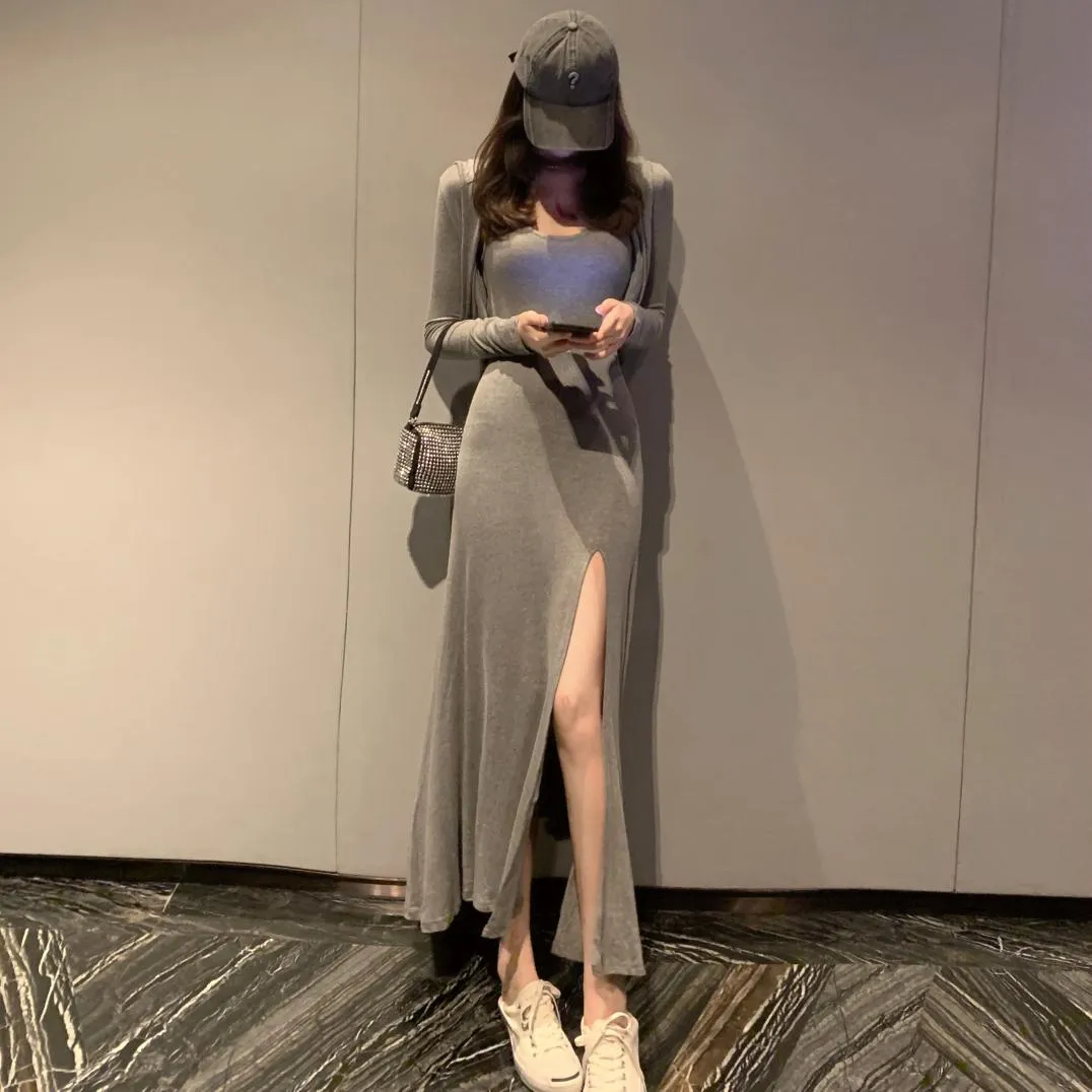 Graduation gift Spring Autumn Feminine Slit Sling Long Dress   Hooded Cardigan Two-Piece Casual Lady