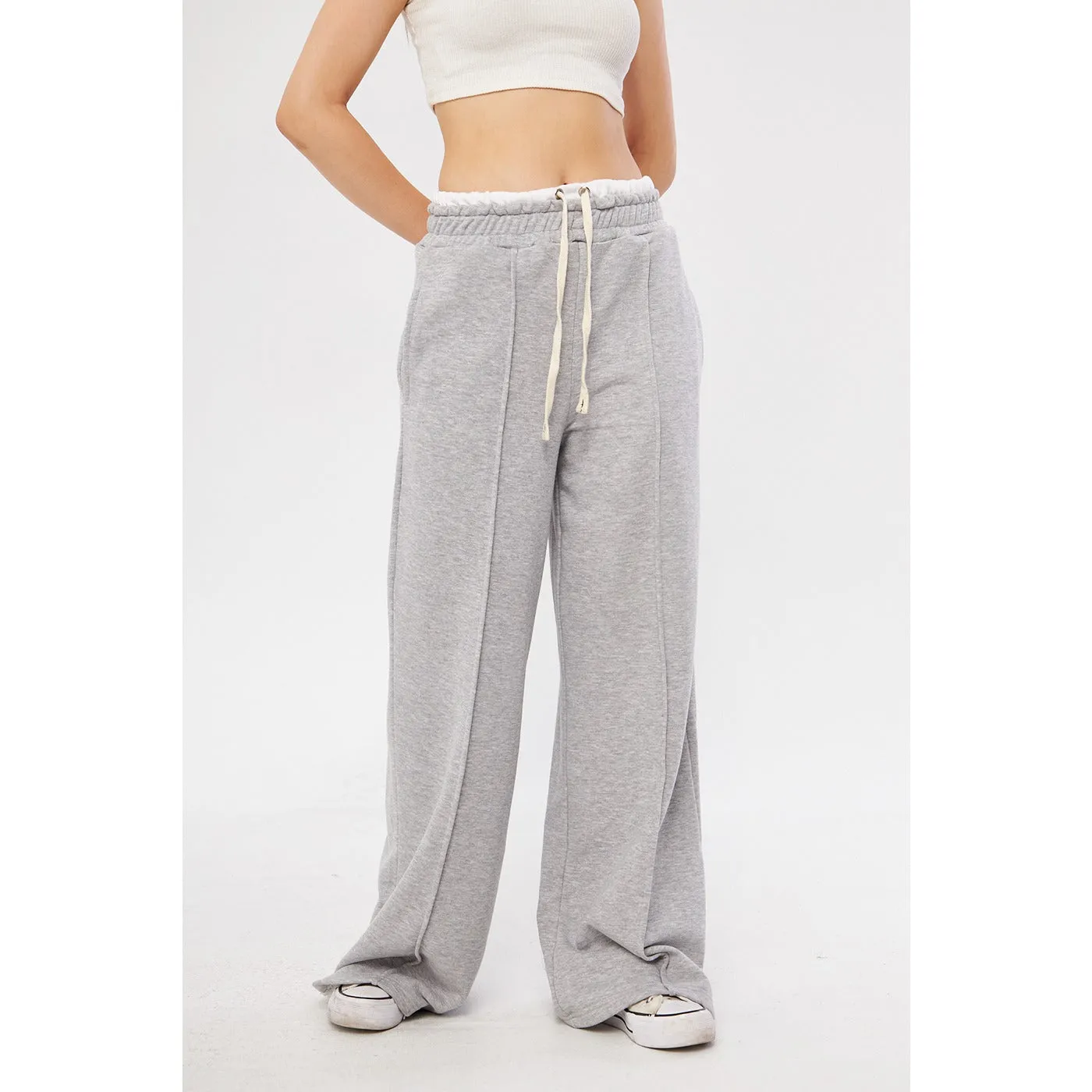 Grey Wide Leg Belt Contrast Trousers