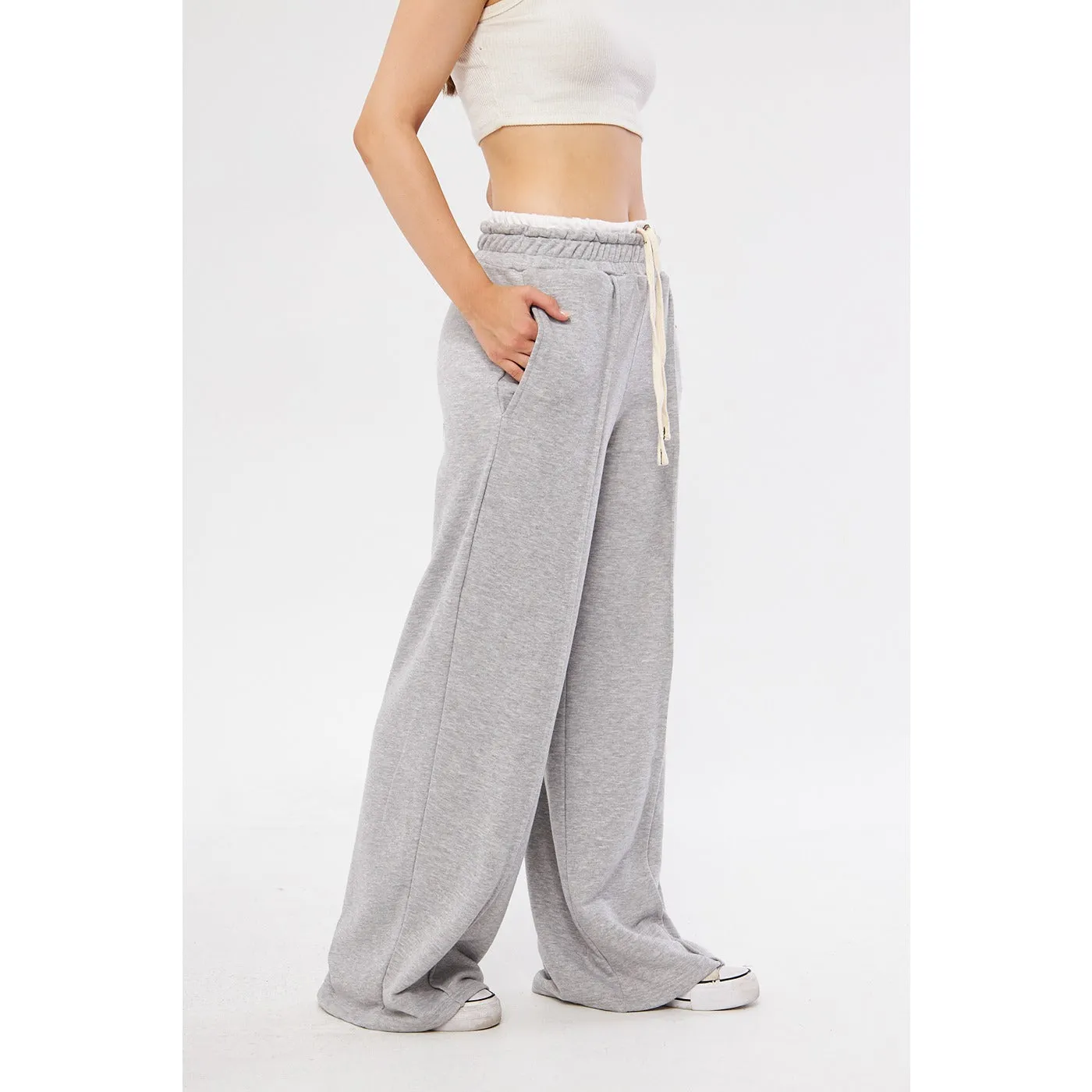 Grey Wide Leg Belt Contrast Trousers