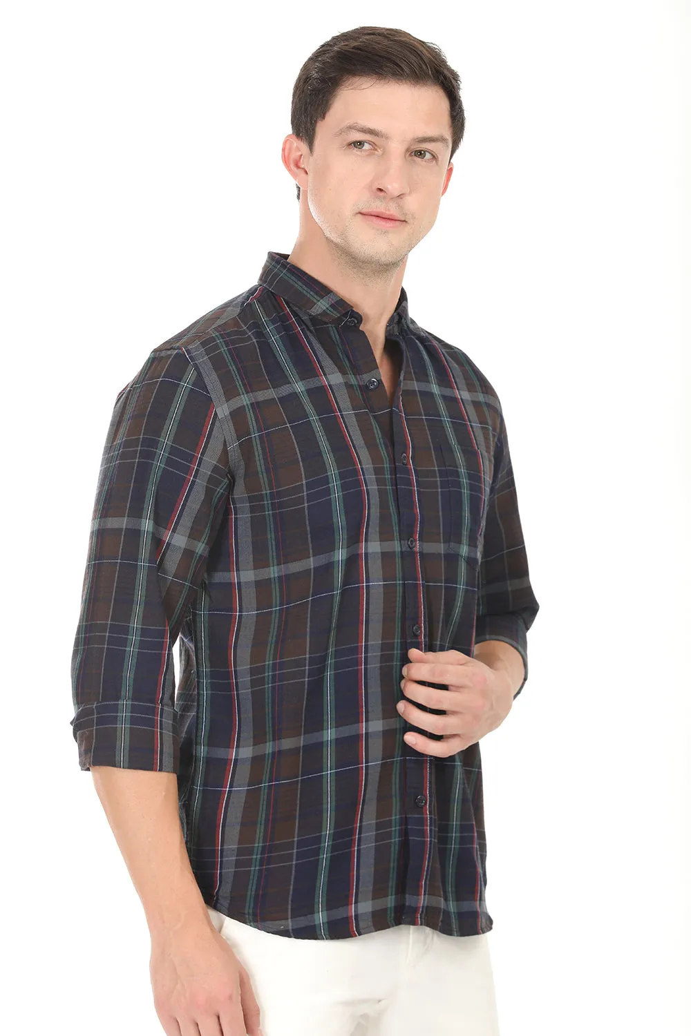 Gridline Checkered Shirt - Navy x Brown