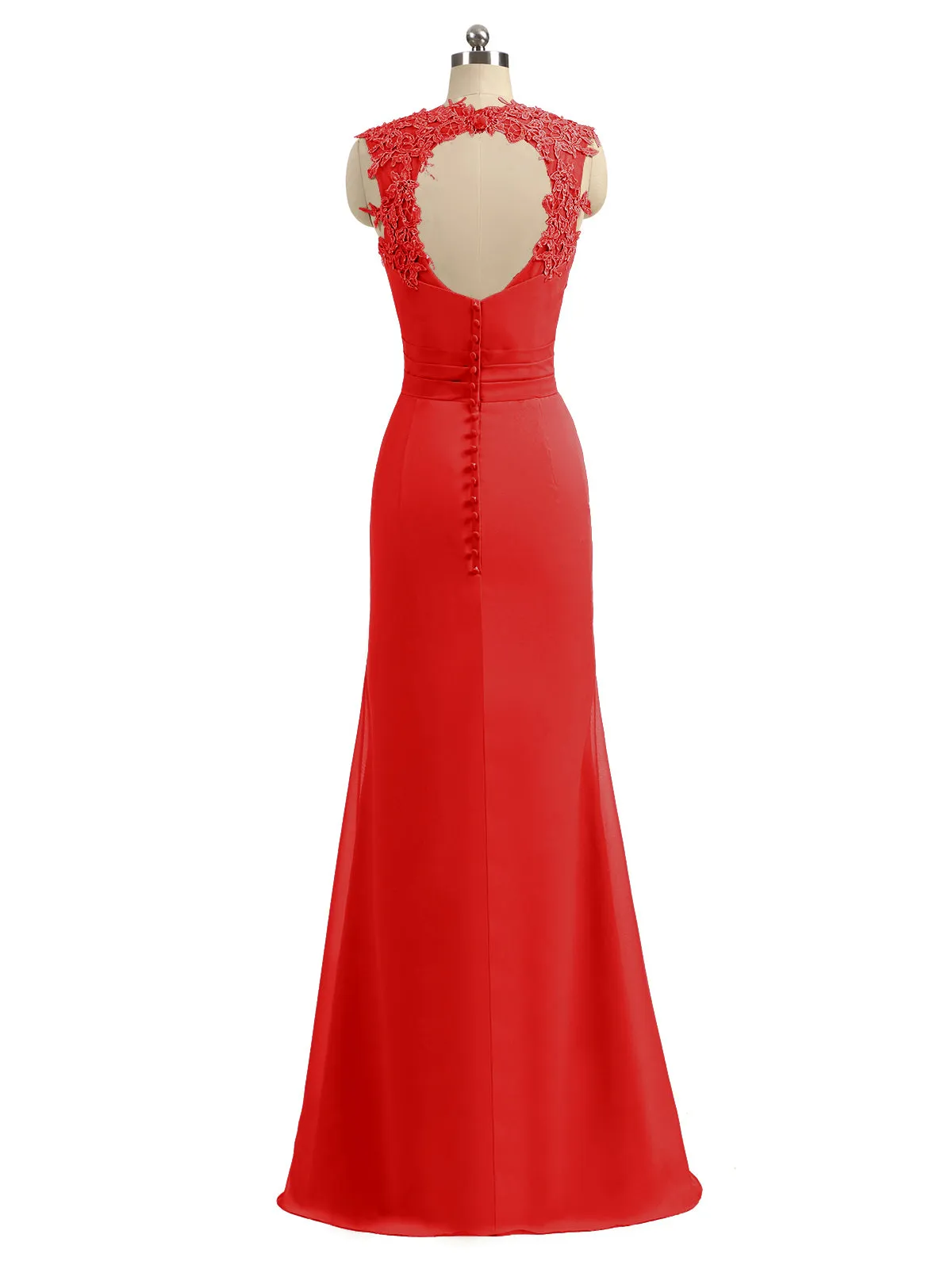 Lace Appliqued Strap Sheath Open Back Dress Red