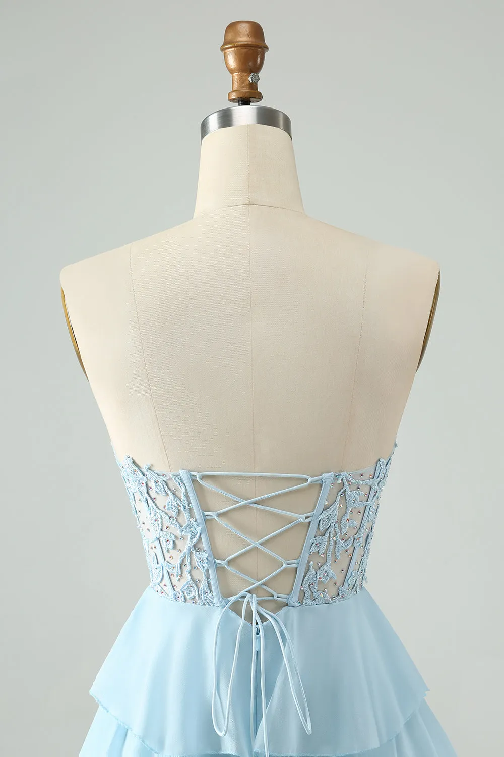 Light Blue A Line Sweetheart Tiered Mini Dress with Appliques