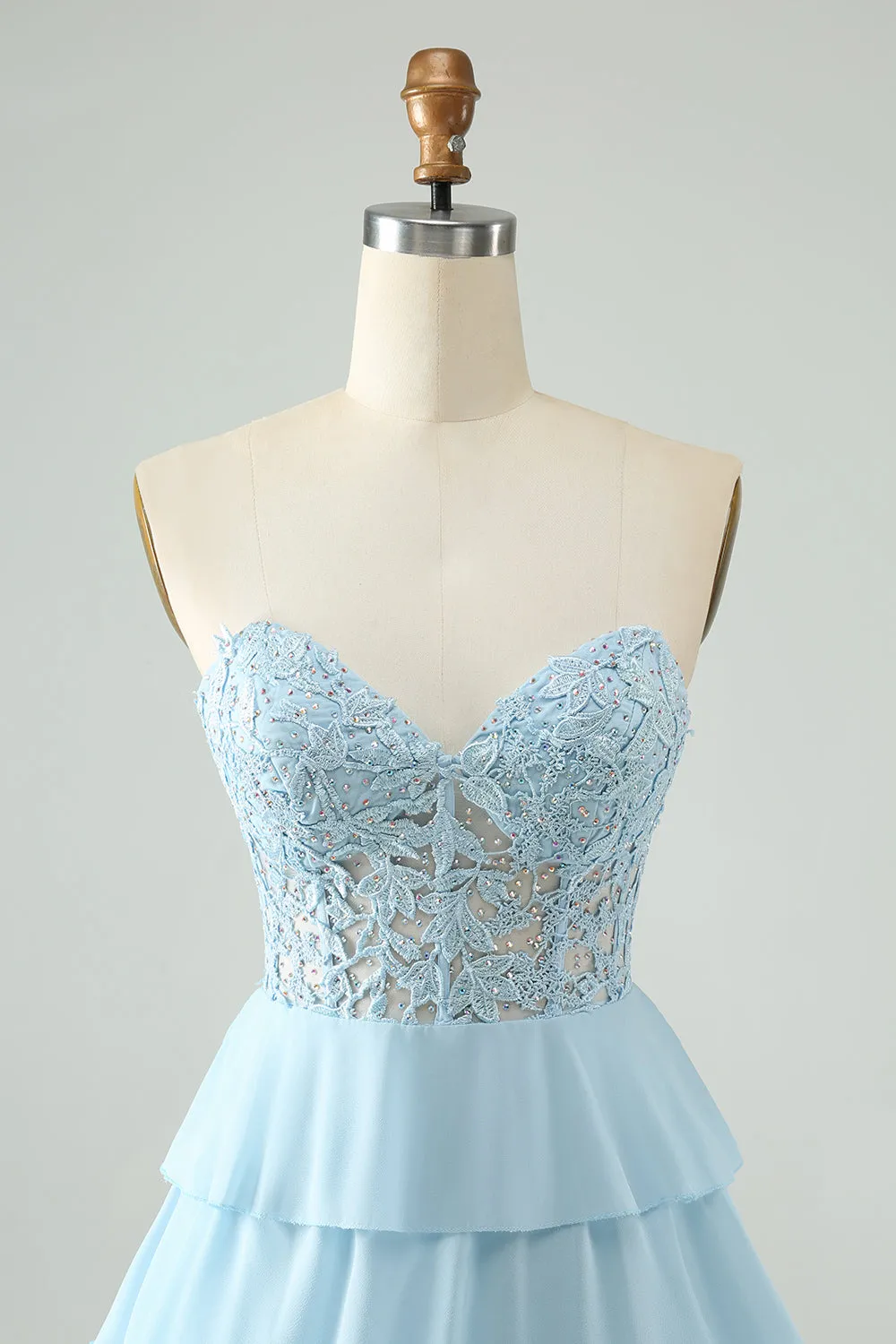 Light Blue A Line Sweetheart Tiered Mini Dress with Appliques