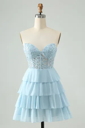 Light Blue A Line Sweetheart Tiered Mini Dress with Appliques