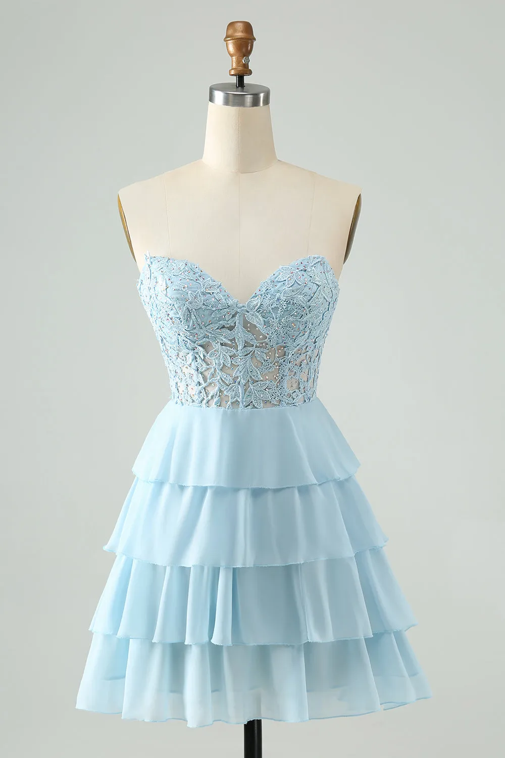 Light Blue A Line Sweetheart Tiered Mini Dress with Appliques