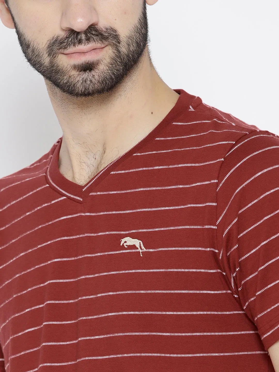 Men Red Striped V-Neck T-shirt