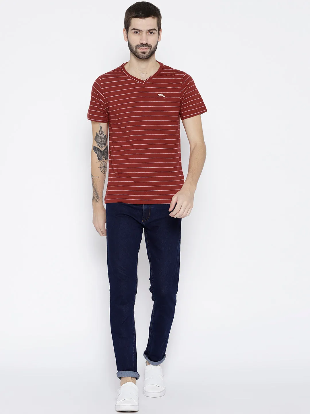 Men Red Striped V-Neck T-shirt