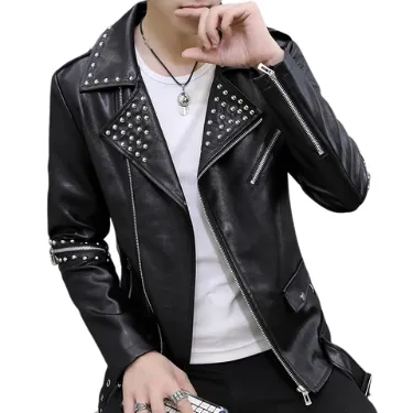 Men's Casual Autumn Slim Fit Handsome Rivet Oblique Zipper Leather Jacket Youth Trendy Motorcycle Leather Jacket