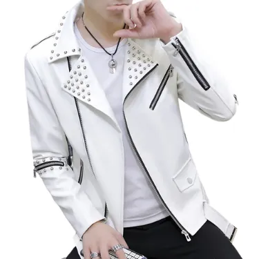 Men's Casual Autumn Slim Fit Handsome Rivet Oblique Zipper Leather Jacket Youth Trendy Motorcycle Leather Jacket